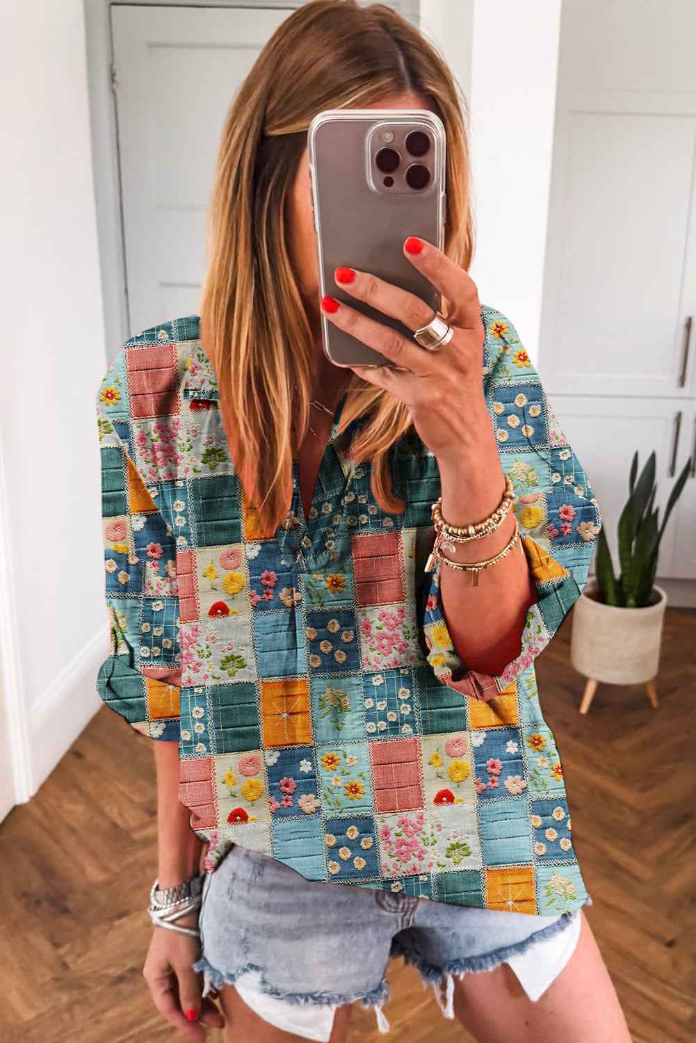 Sky Blue Floral Patchwork Collared V Neck Blouse