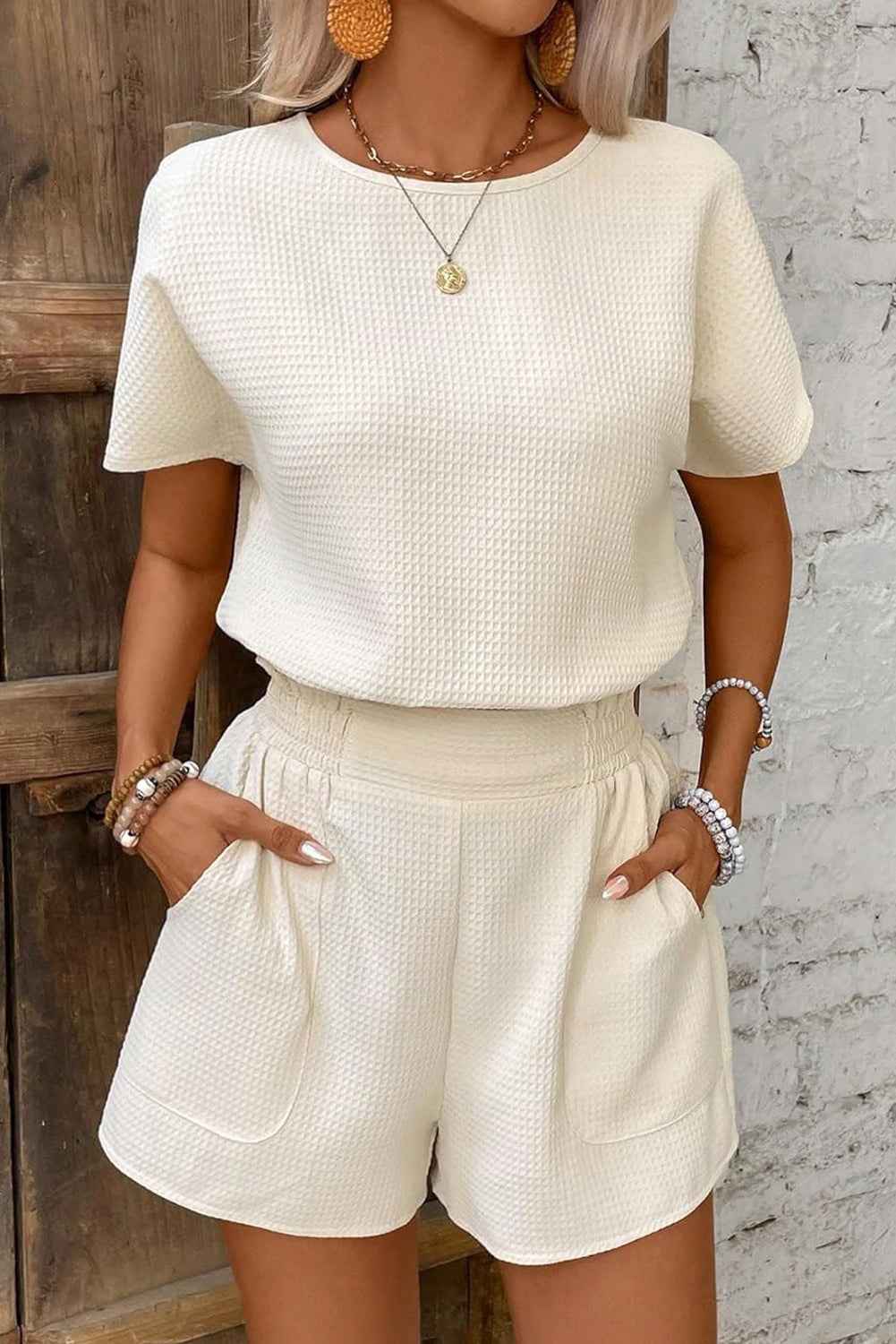 Beige Solid Textured Top and Shorts Set