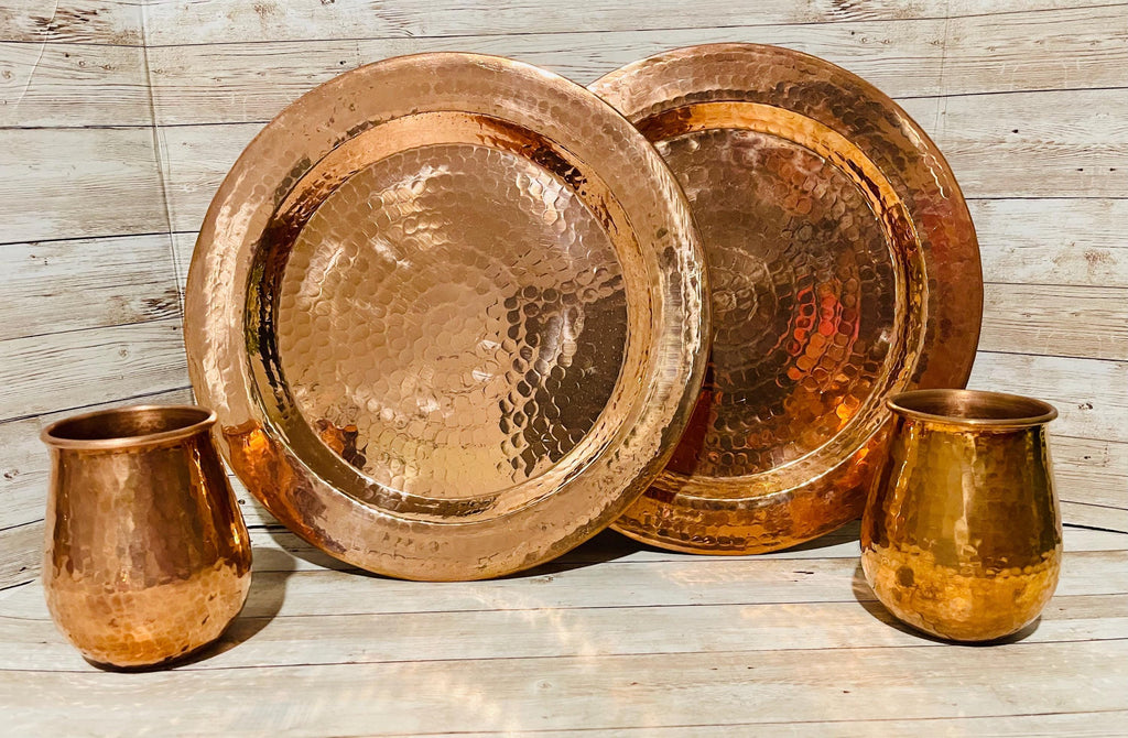 2 Mexican Copper Charger Plates with 2 Copper Cups 2 Platos de Cobre Mexicano con 2 Vasos de Cobre by Chica Mexico