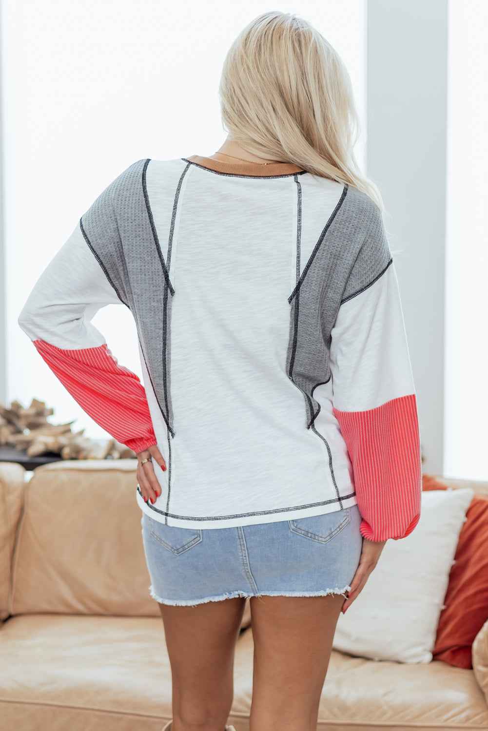 White Contrast Block Mixed Textured Knit Patchwork Casual Top