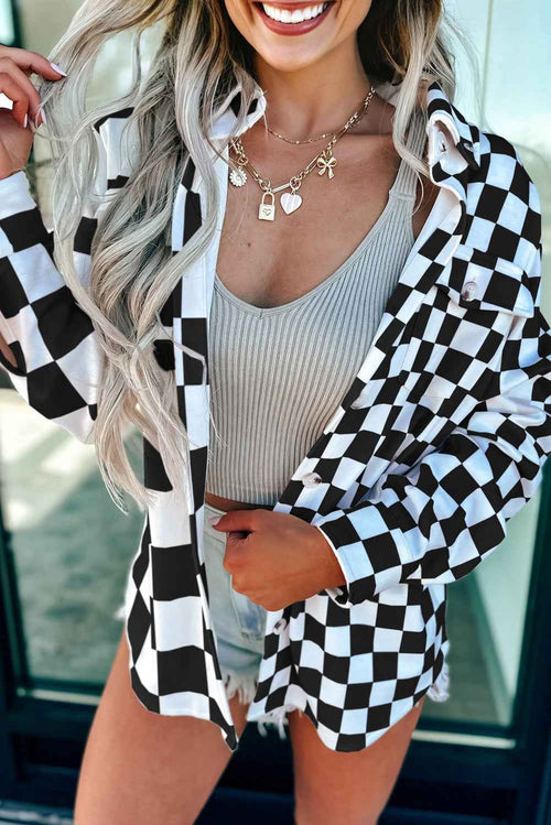 Black Checkerboard Flap Pocket Button Front Shacket by Wild and Free Boutique