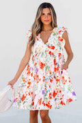 Pink Floral Double Ruffle Sleeve V Neck High Waist Mini Dress