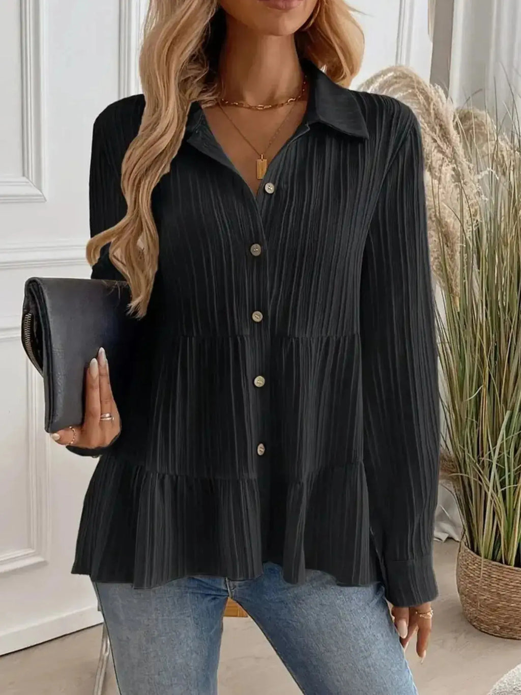 Striped Tiered  Button Down Shirt