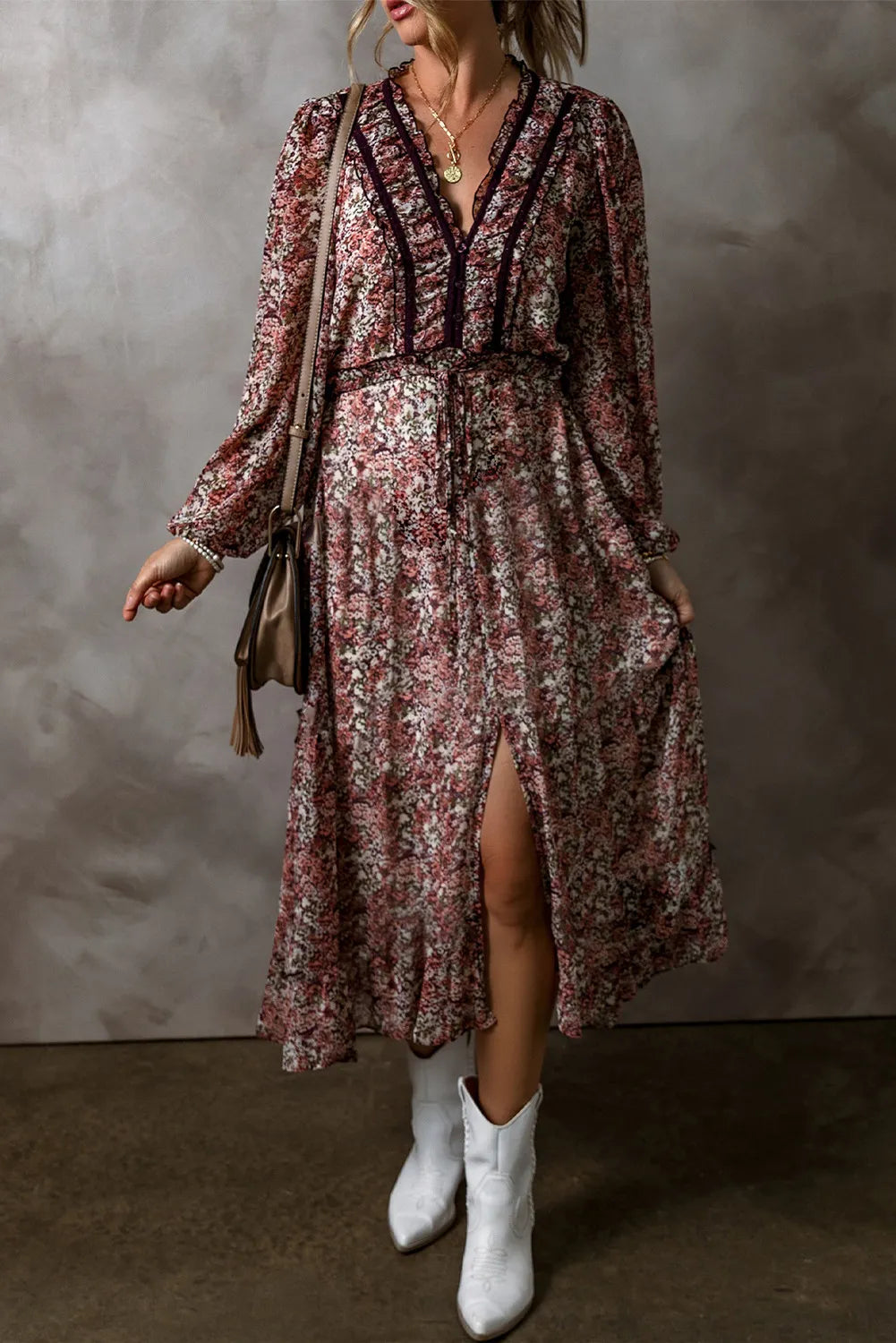 Frill Printed V-Neck Long Sleeve Midi Dress by Shopiebay