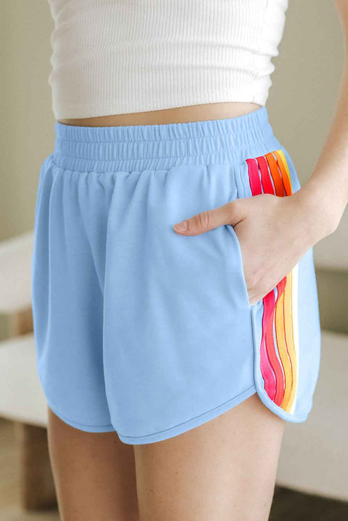 Beau Blue Color Block Stripes Elastic High Waist Active Shorts by Wild and Free Boutique