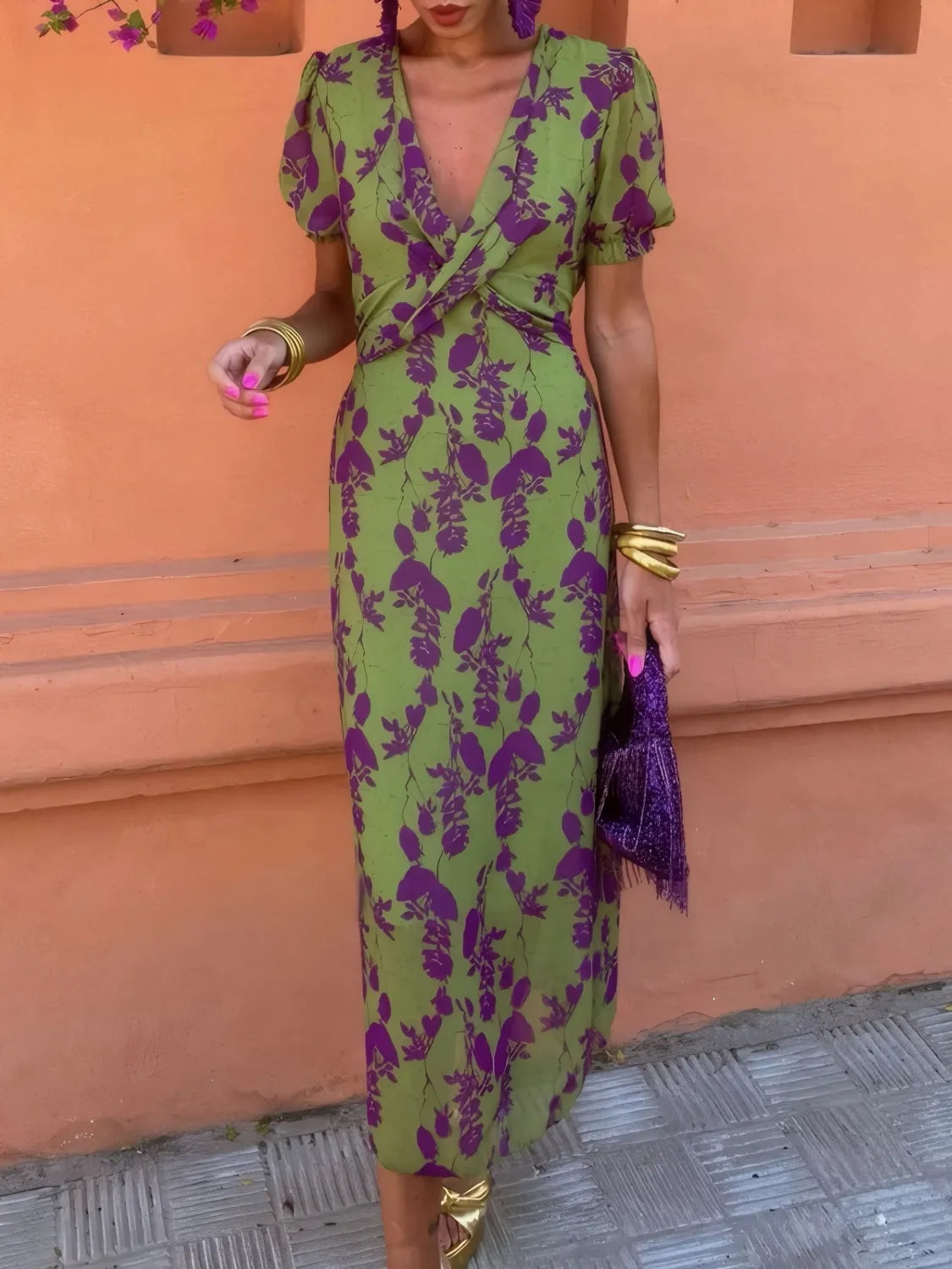 Printed Plunge Short Sleeve Midi Dress by Shopiebay