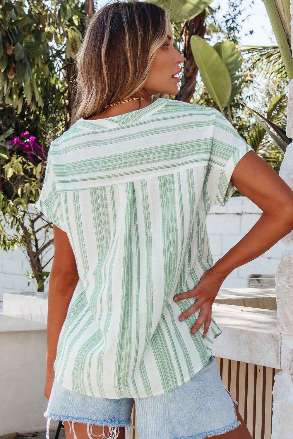 Green Breathable Gauze Half Button Short Sleeve Casual Blouse