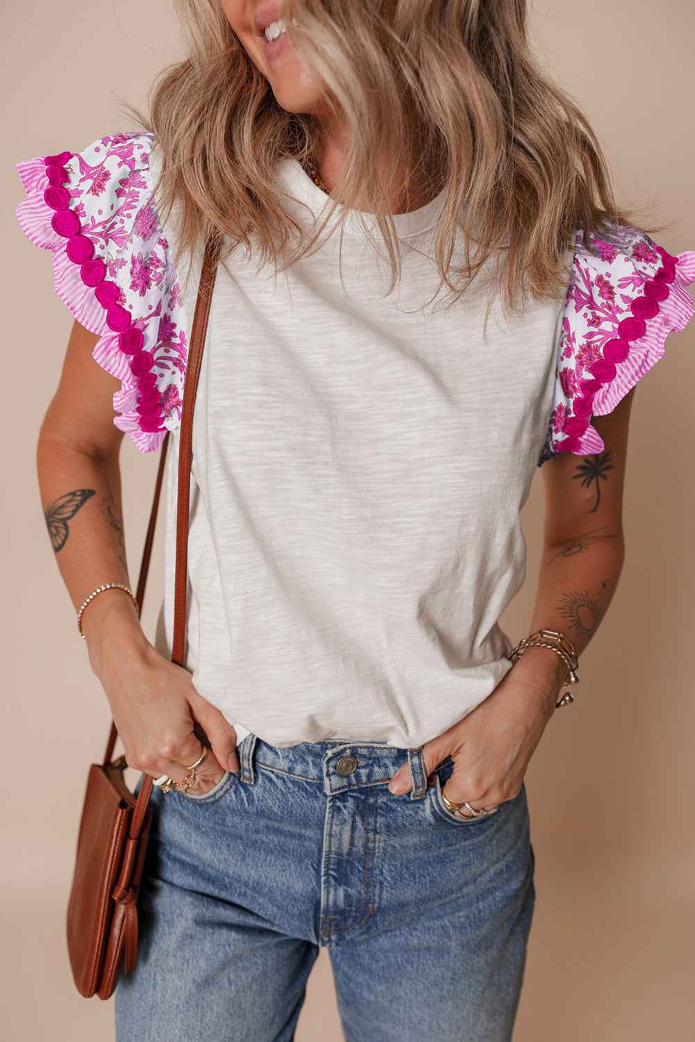 Rose Floral Striped Patchwork Flutter Sleeve Blouse