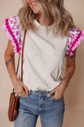 Rose Floral Striped Patchwork Flutter Sleeve Blouse