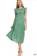 Zenana Woven Smocked Ruffle Sleeve Midi Dress by Selvanelle