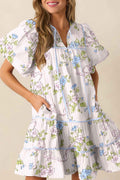 Pink Floral Striped Print Contrast Trim Tie Split Neck Mini Dress