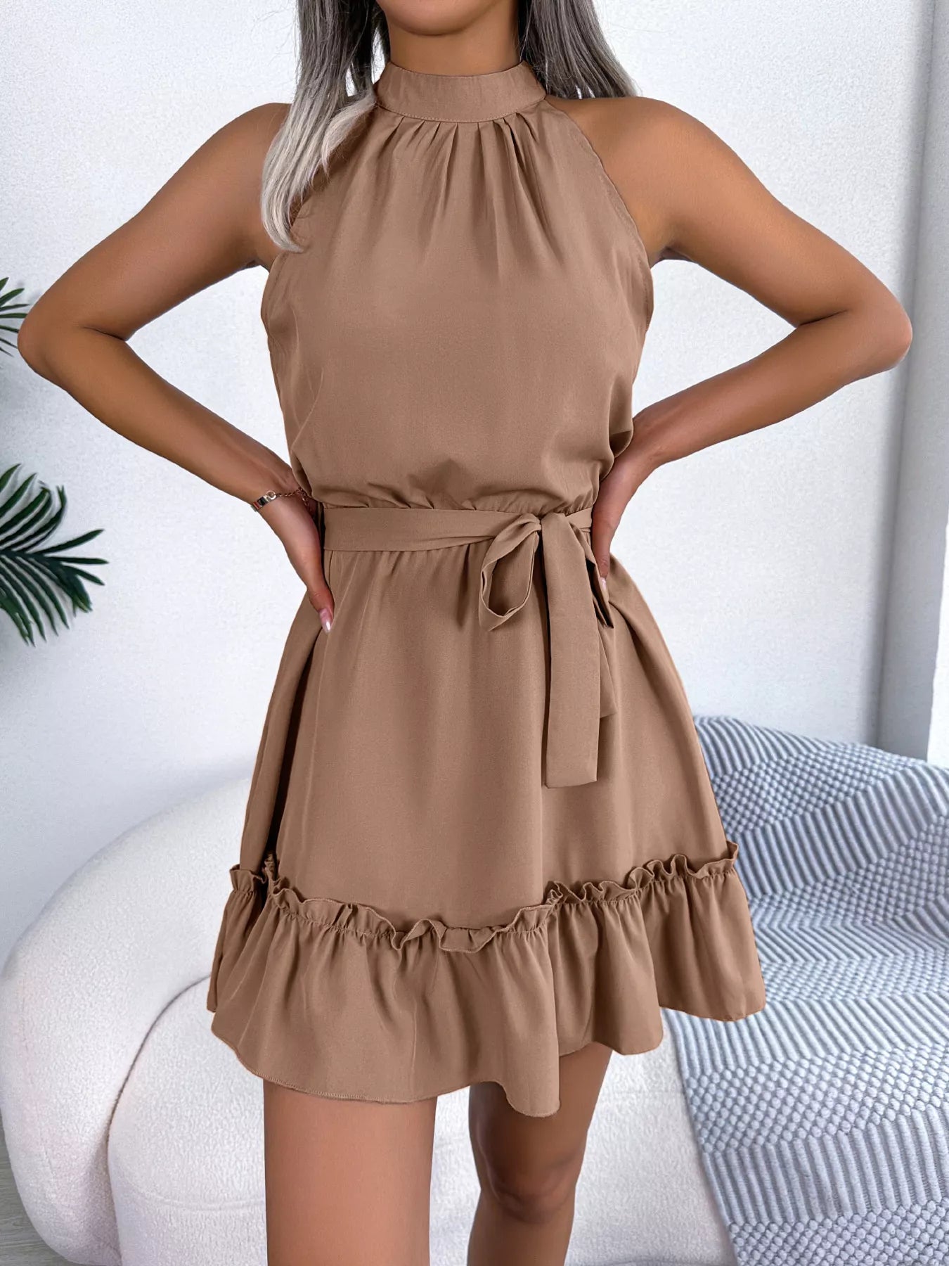Halter Neck Ruffle Hem A-Line Dress by Shopiebay