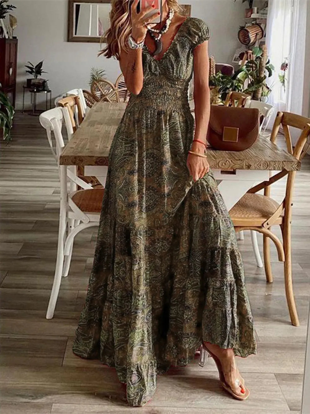 Smocked Printed V-Neck Short Sleeve Dress by Shopiebay