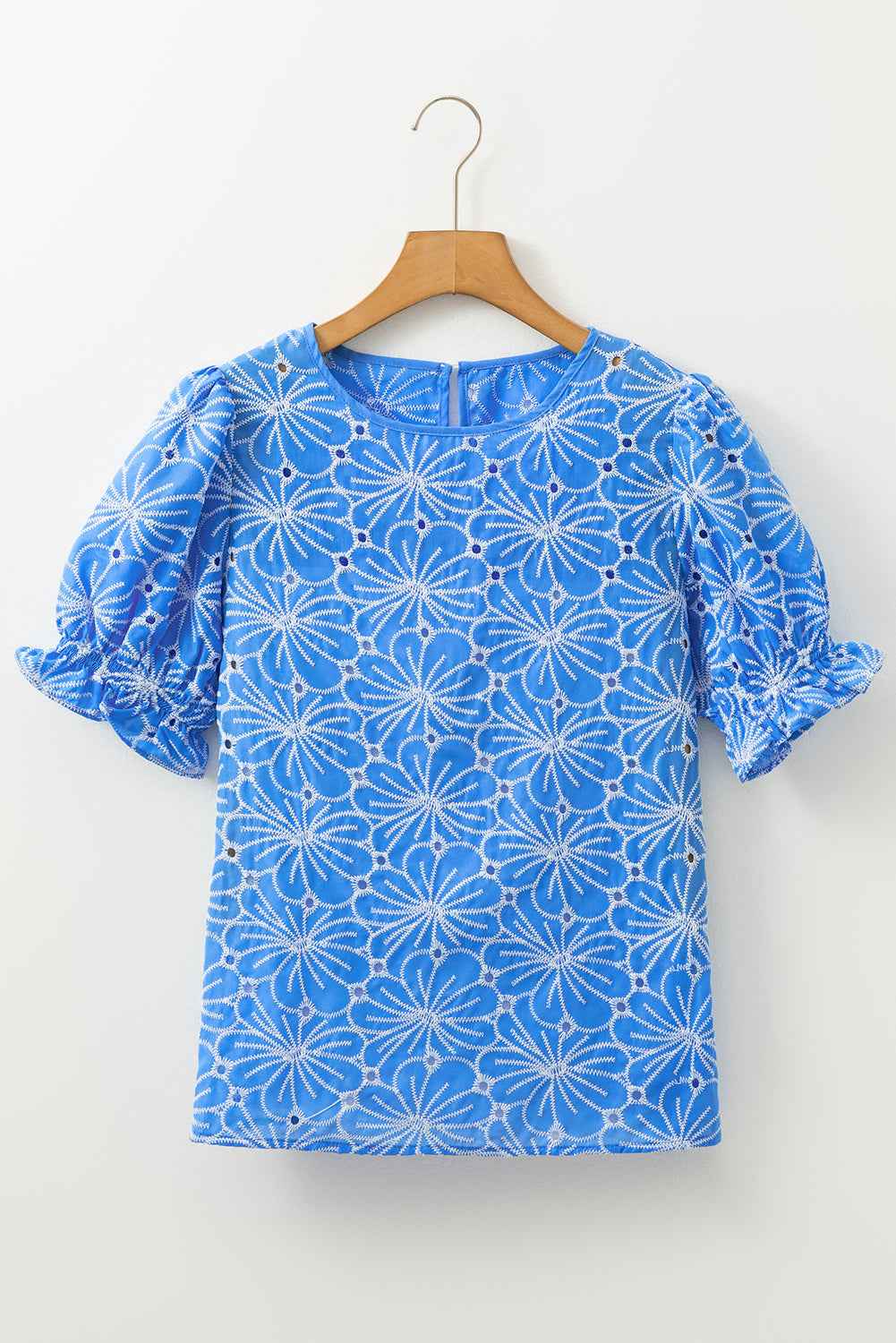 Sky Blue Eyelet Flower Embroidery Frilled Short Puff Sleeve Blouse