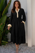 Black Contrast Leopard Frilled Trim V Neck Bracelet Sleeve Midi Dress