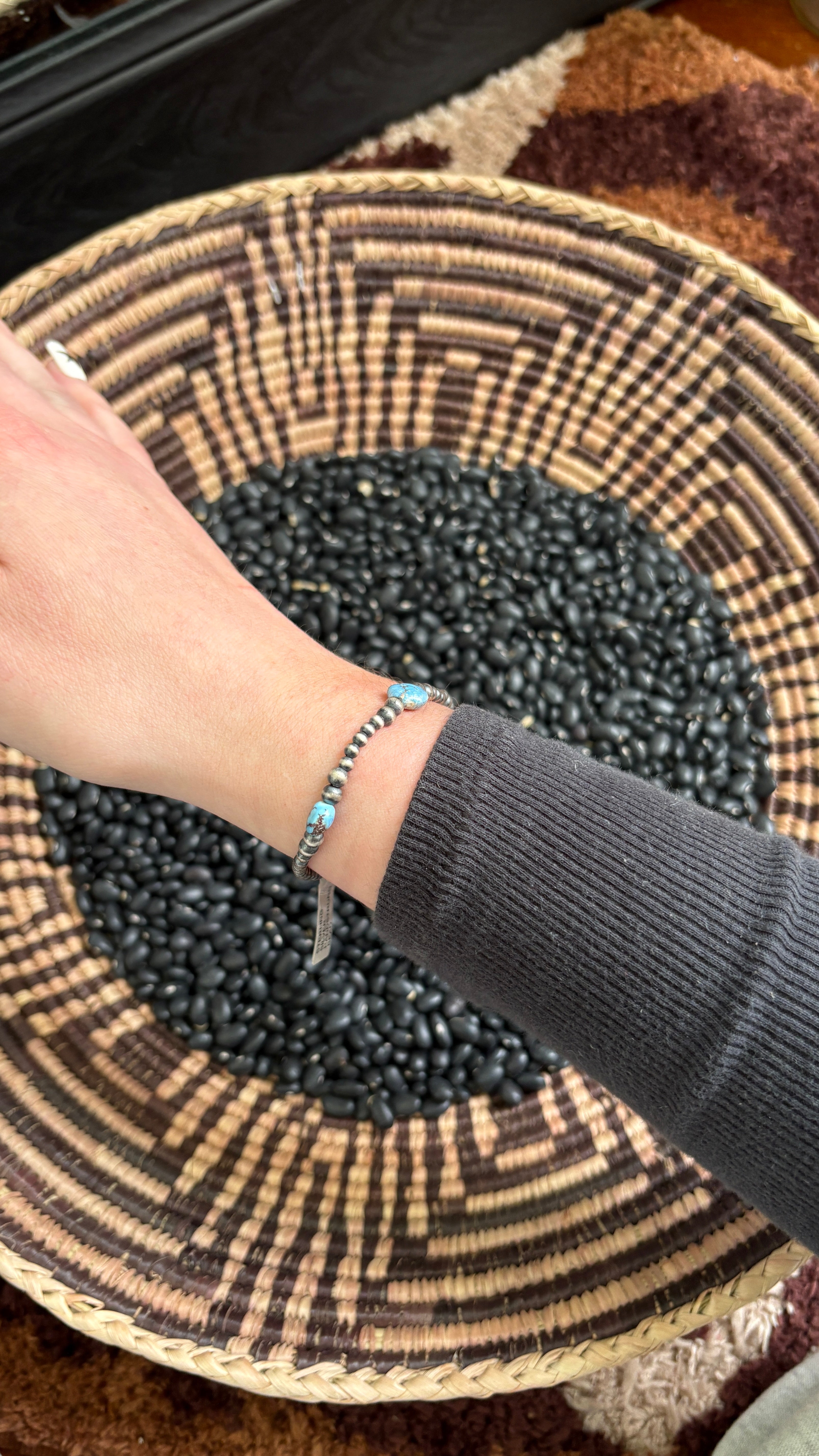 STERLING SILVER PEARL STRETCH BRACELET W GOLDEN HILLS TURQUOISE BEADS by The Sterling Spur