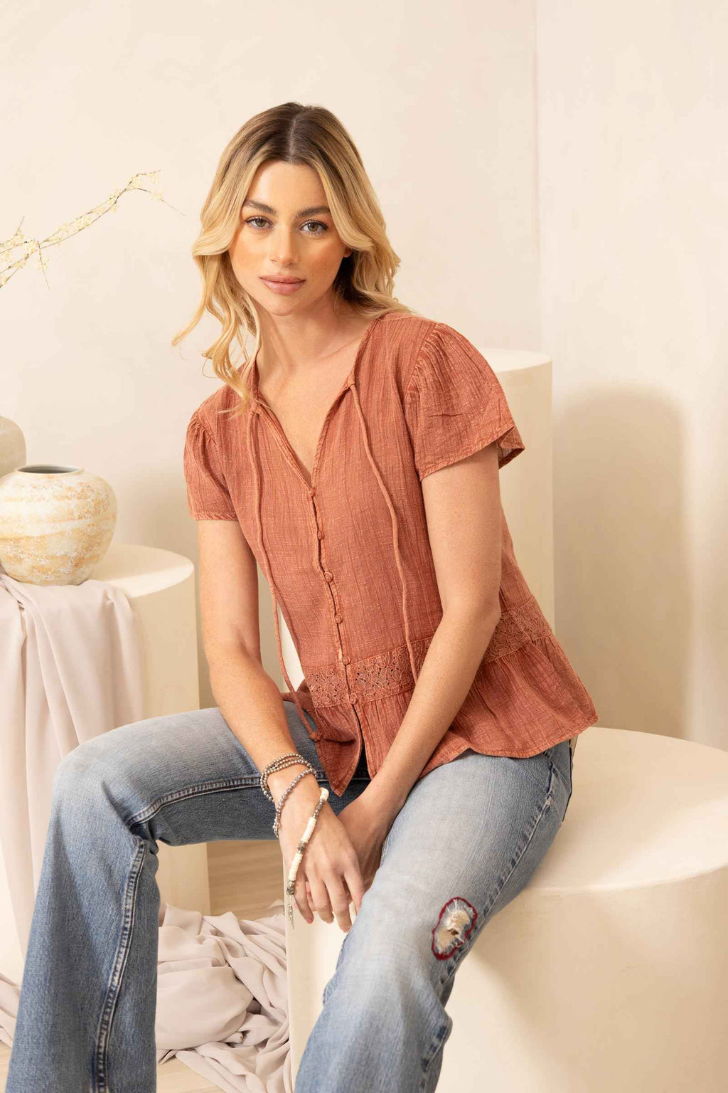 Bohera Kylee Short Sleeve Button Down Washed Top