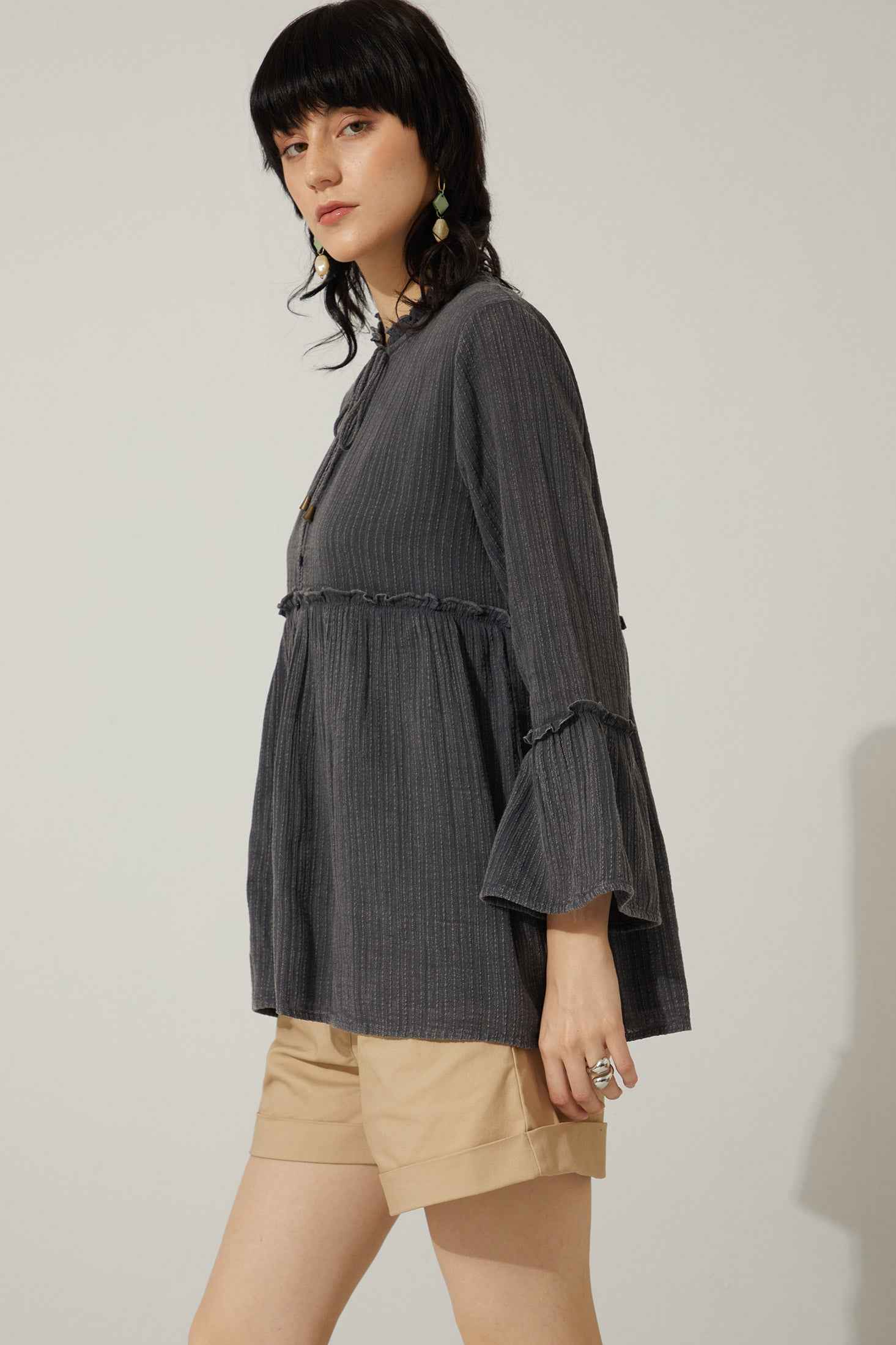 Bohera Kimmee Flared Sleeve Babydoll Denim Wash Top