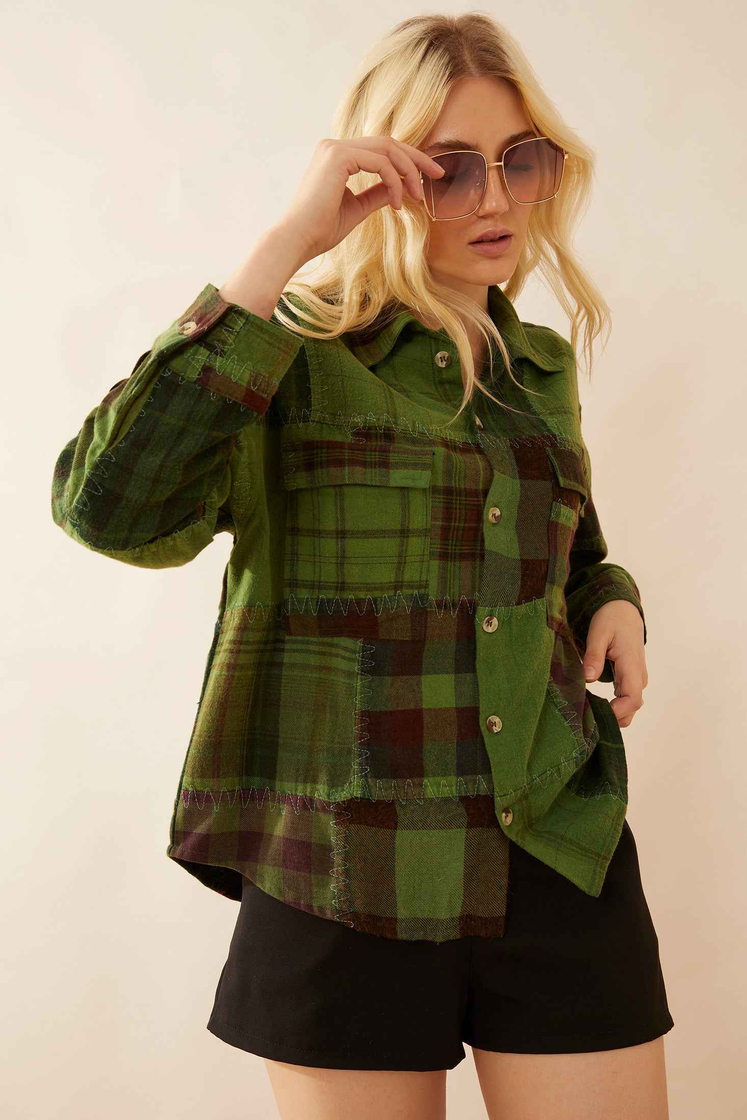 Emma Dawn Patchwork Shacket in Green