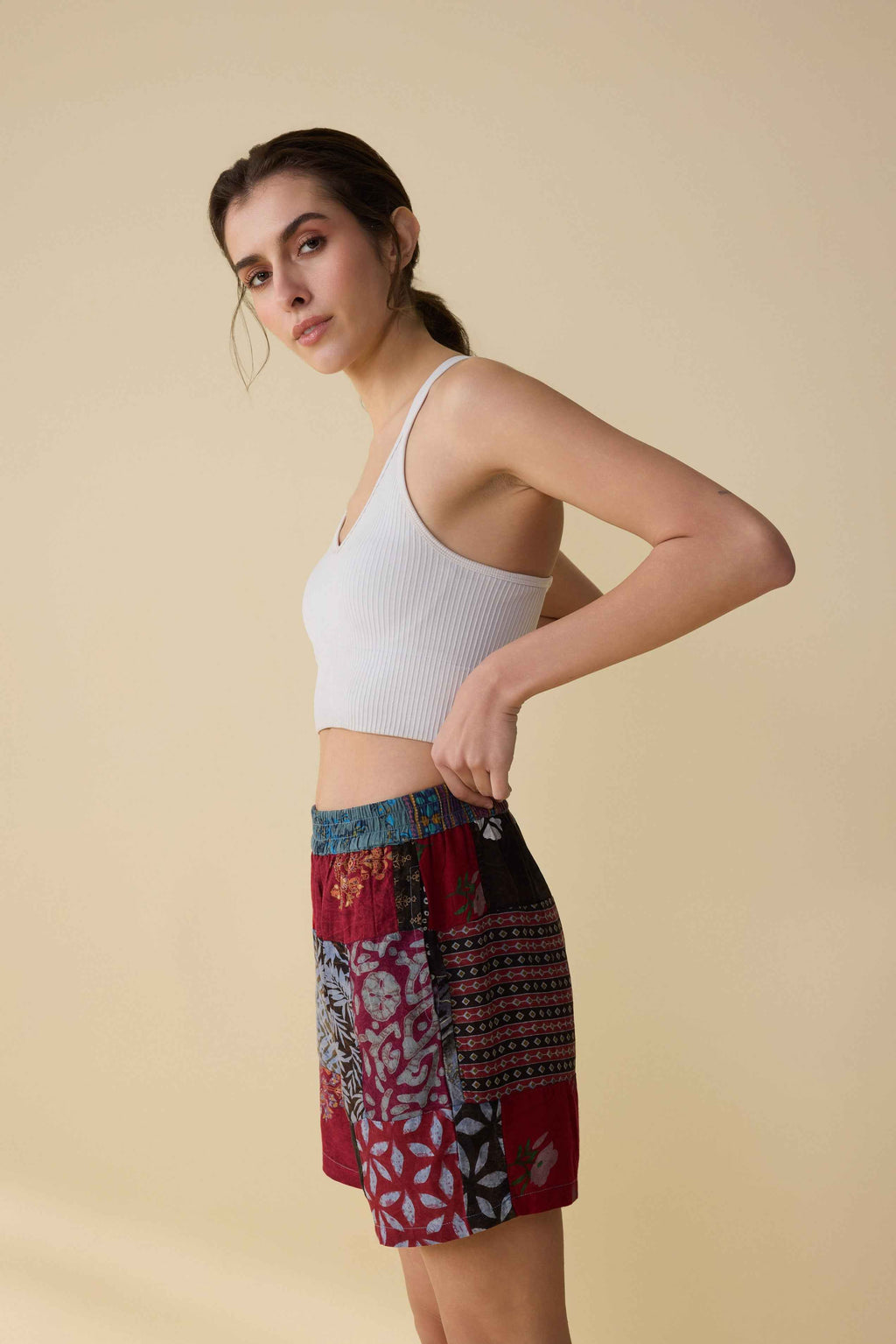 Isabella Paisley Patchwork Shorts In Red And Gray