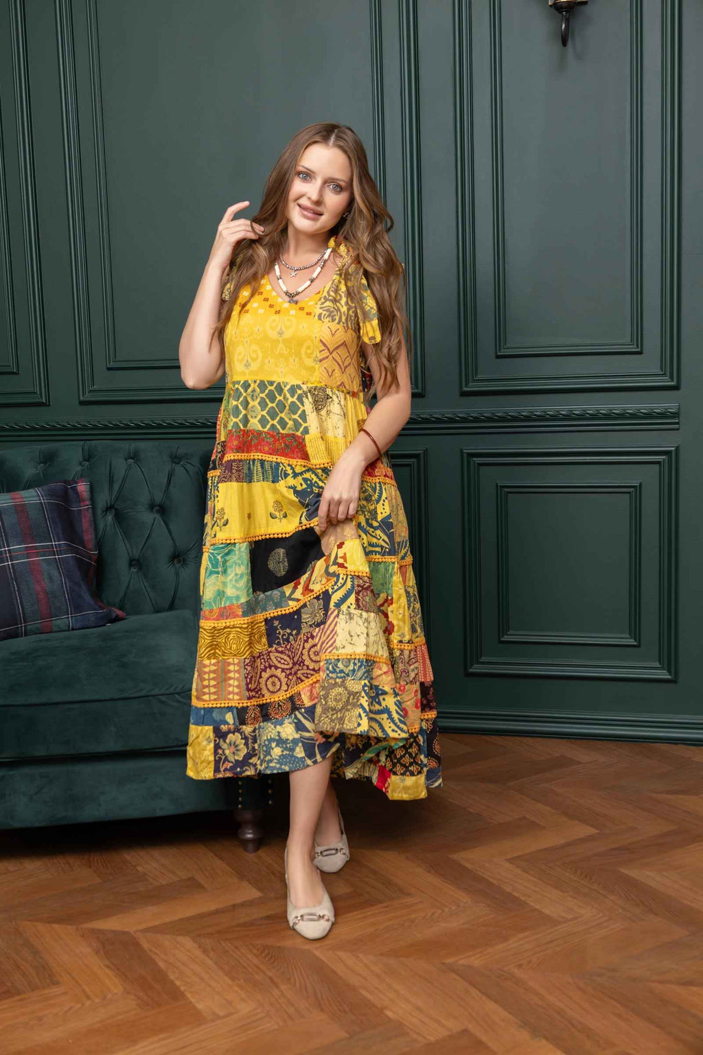Savannah's Serendipity Patchwork Dress In Yellow