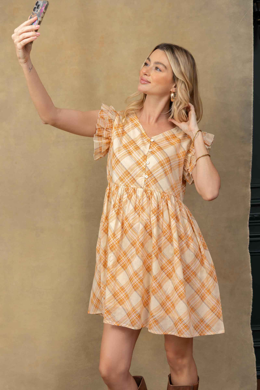 Riley Shirt Dress In Peach and Off White