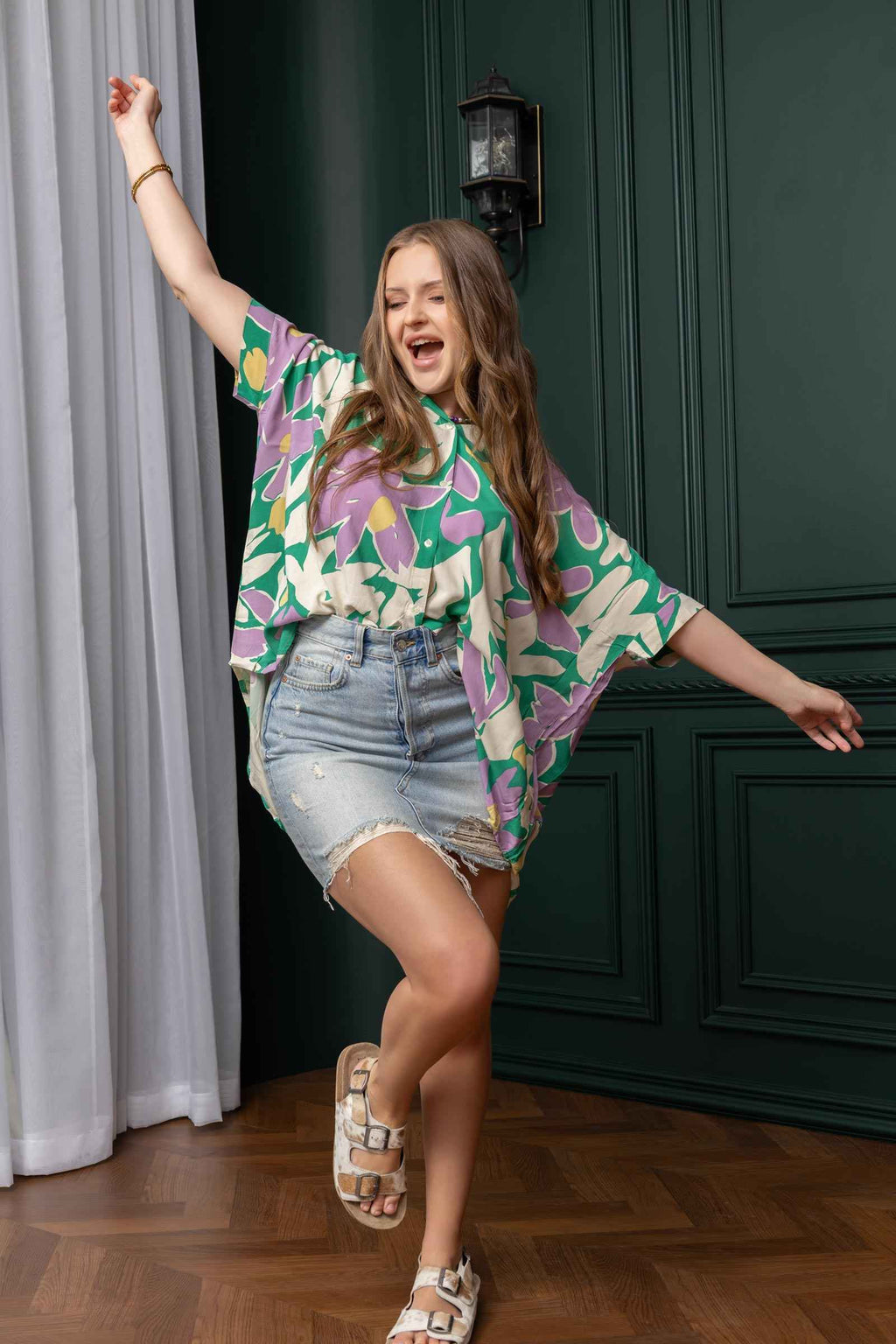 Elizabeth Floral Top In Green And Purple