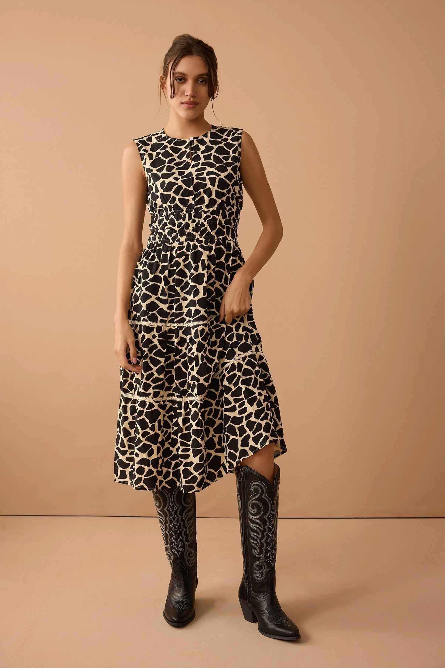 Destiny Pattern Empire Waist Dress In Black