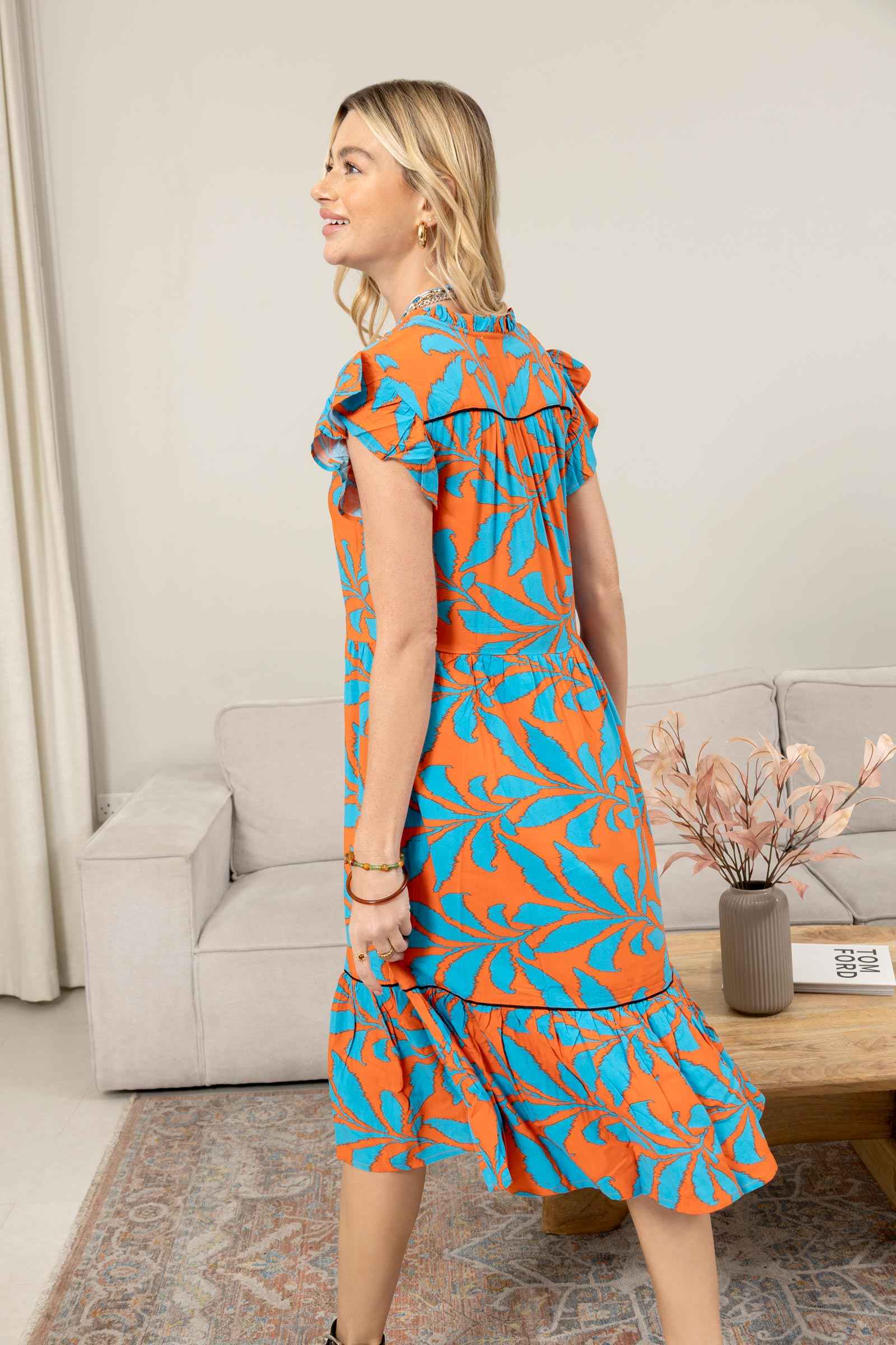 Bold & Beautiful Empire Waist Dress In Orange And Blue