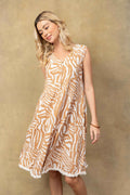 Nicole Patterned Empire Waist Dress In off White and Brown