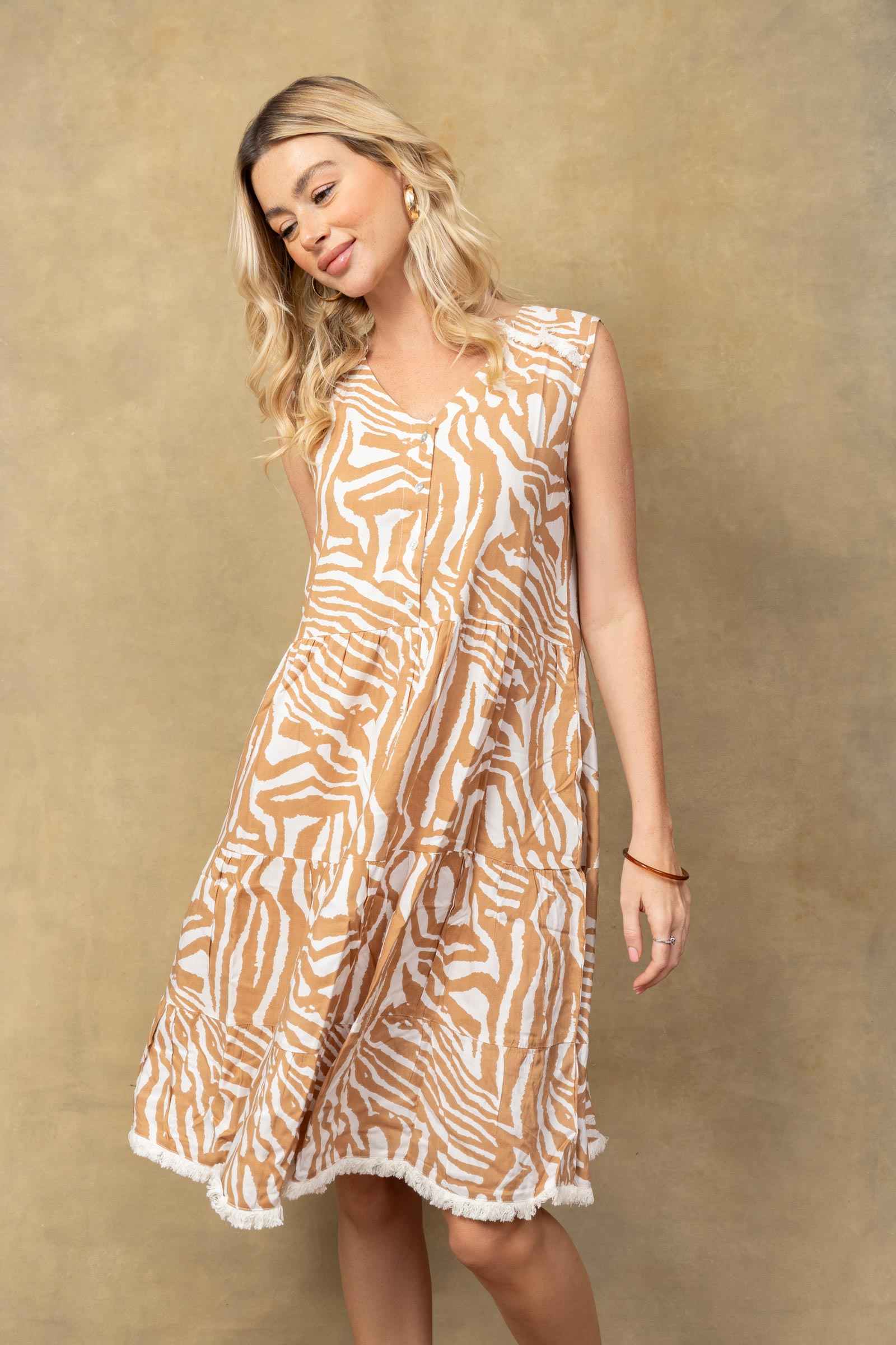 Nicole Patterned Empire Waist Dress In off White and Brown
