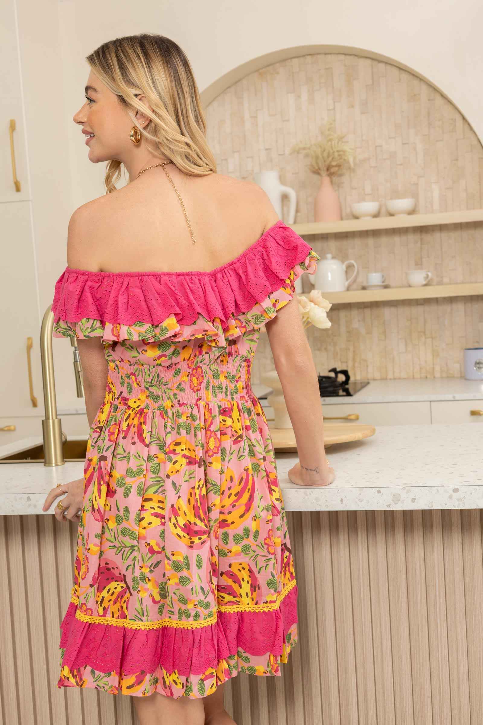 My Lush Oasis Empire Waist Dress In Pink And Peach