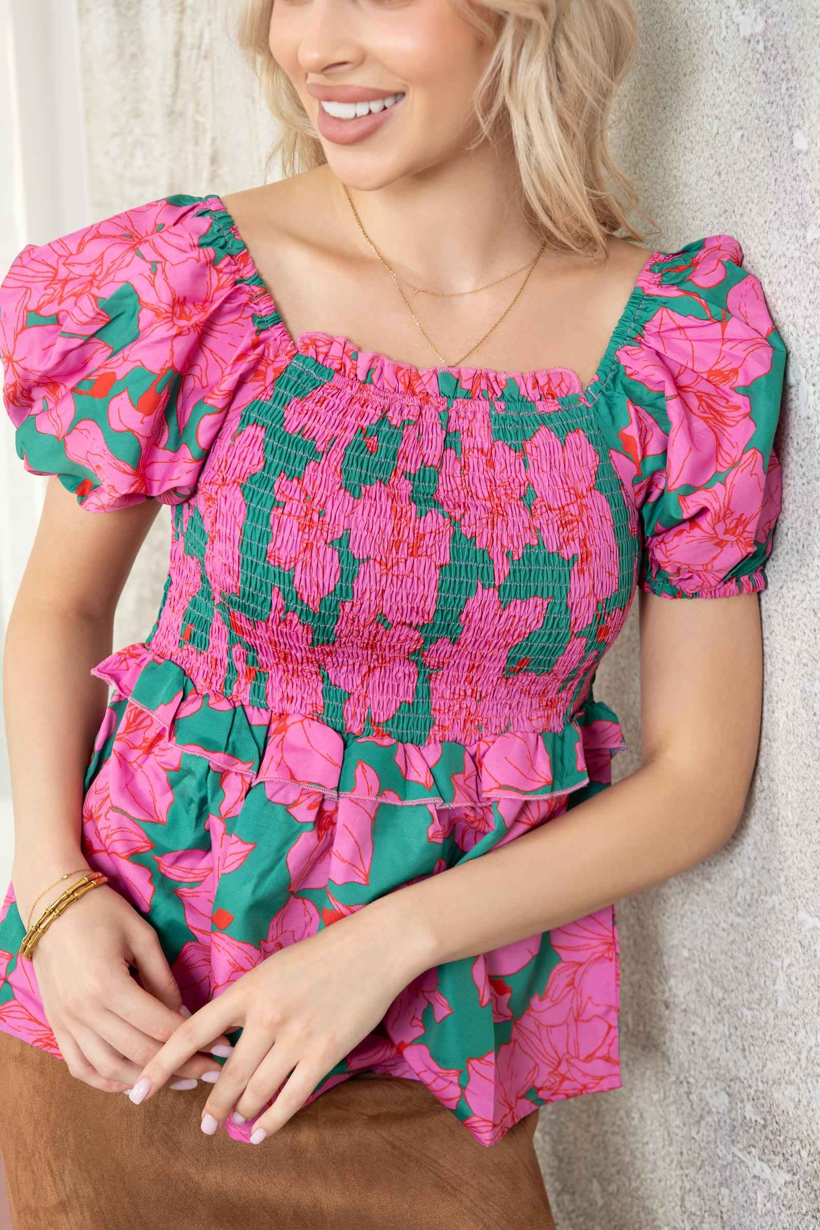 Hibiscus Cove Top In PInk And Green
