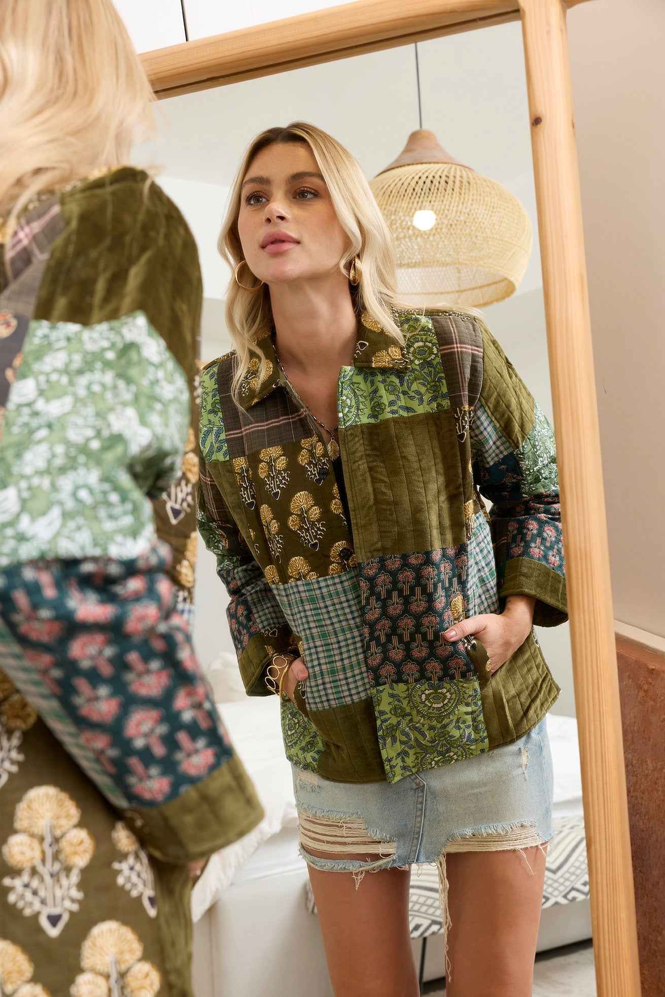 Meadow Folk Quilted Jacket with Patchwork in Dusty Green