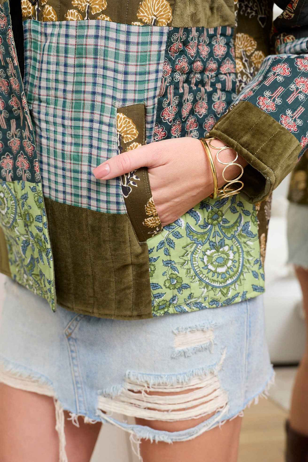 Meadow Folk Quilted Jacket with Patchwork in Dusty Green