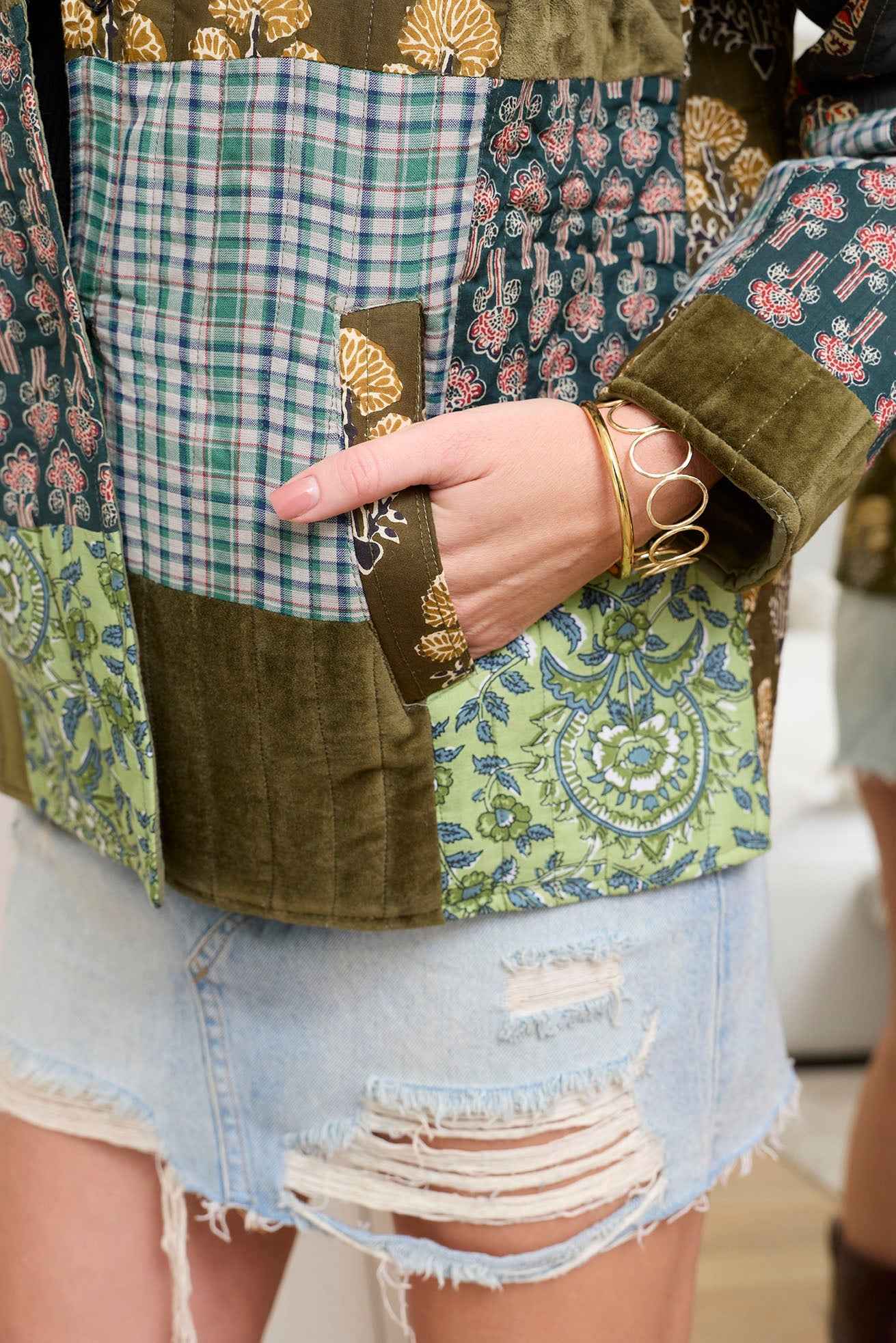 Meadow Folk Quilted Jacket with Patchwork in Dusty Green