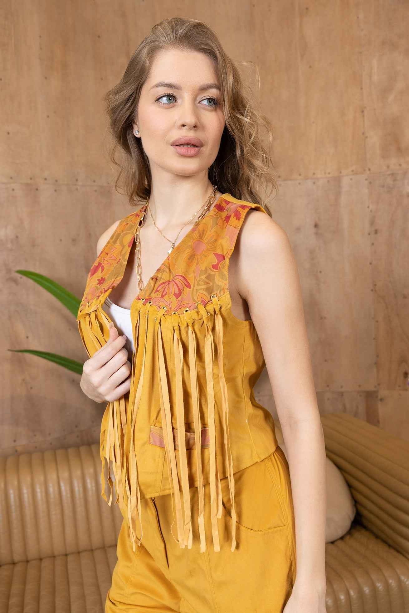 The Jolene Fringe Two Piece Set in Saddle Gold