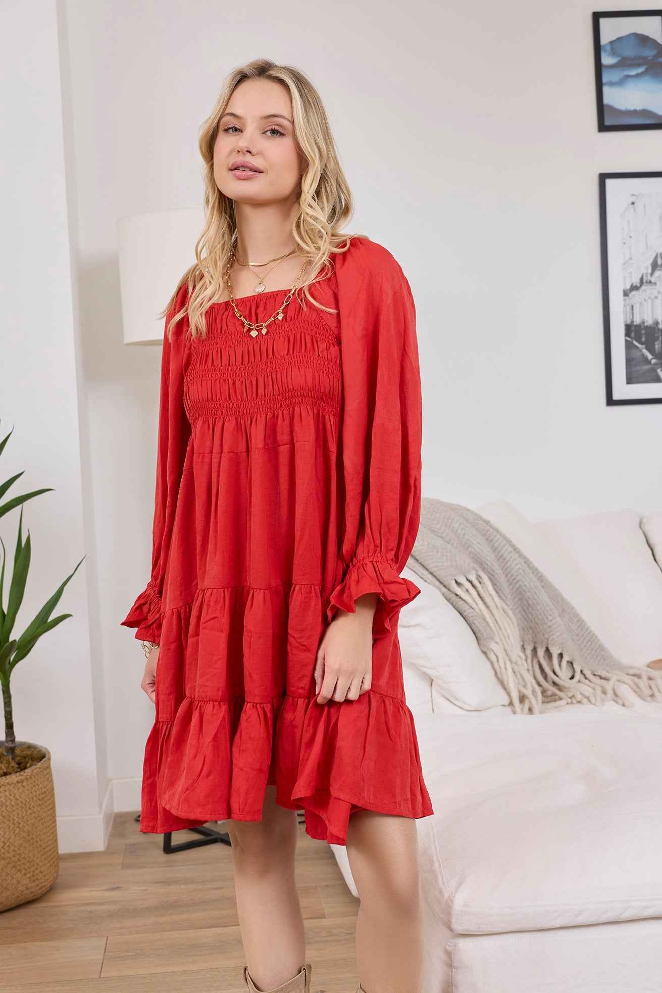 Daisywood Ruffle Smocking Dress in Red