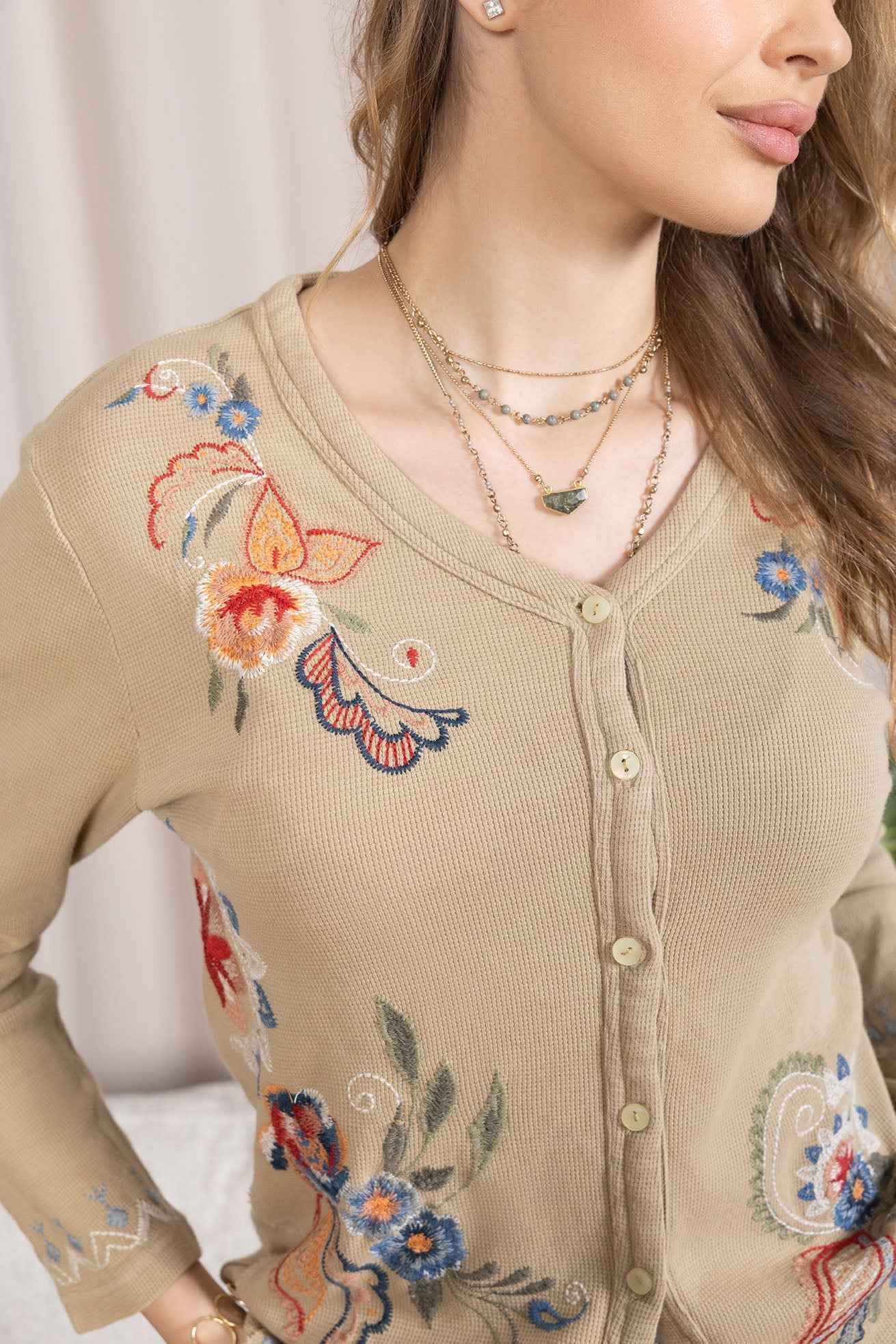 Birdsong Bloom Embroidered Top in Almond color