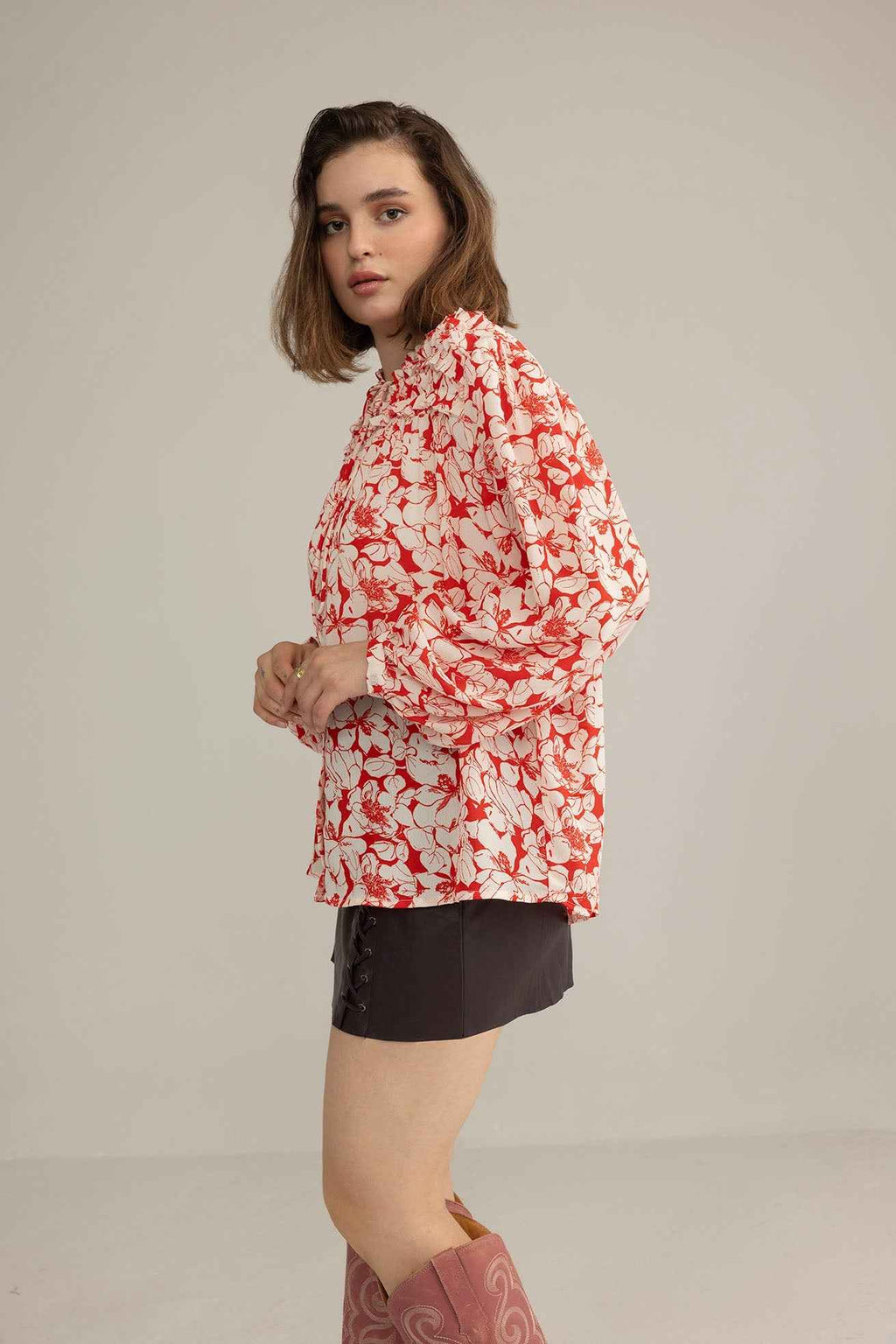 Cherry Fleur Ruffle Top in Crimson Pink