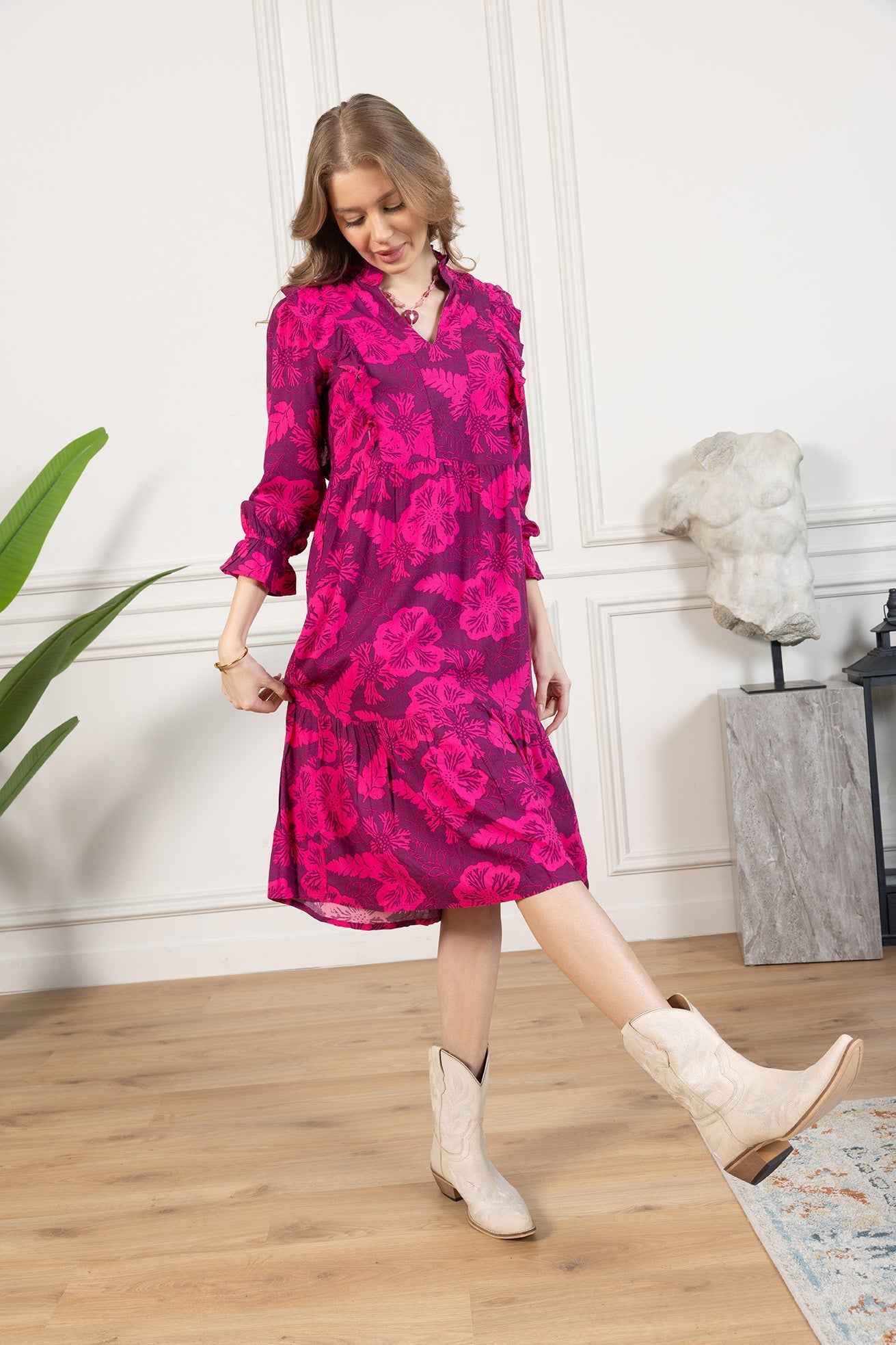 Spring Carnival Ruffle Dress in boysenberry color