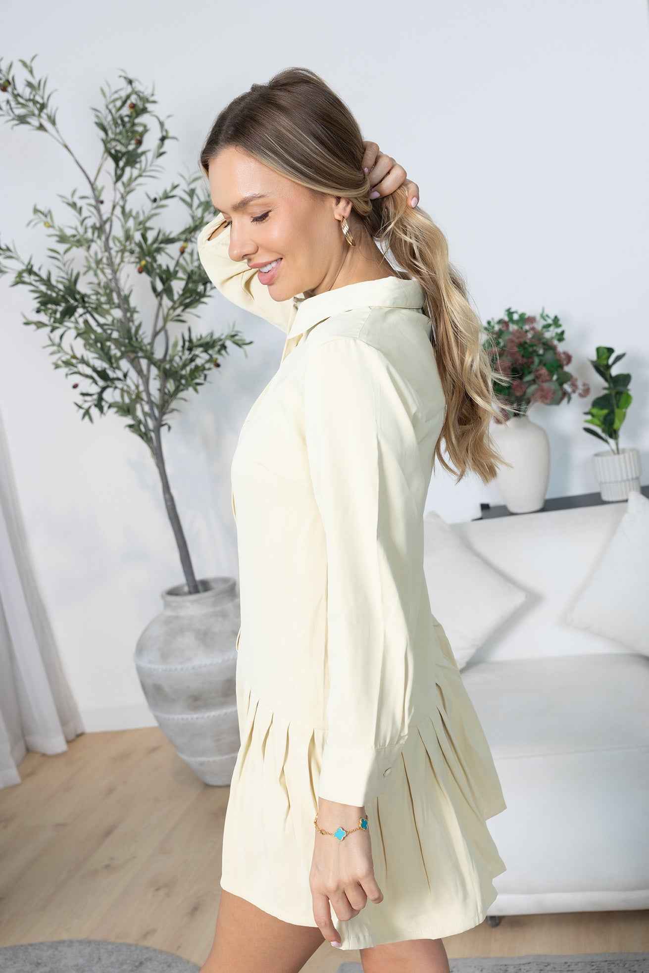 Blush Hour Pleated Mini Dress in Chino Green