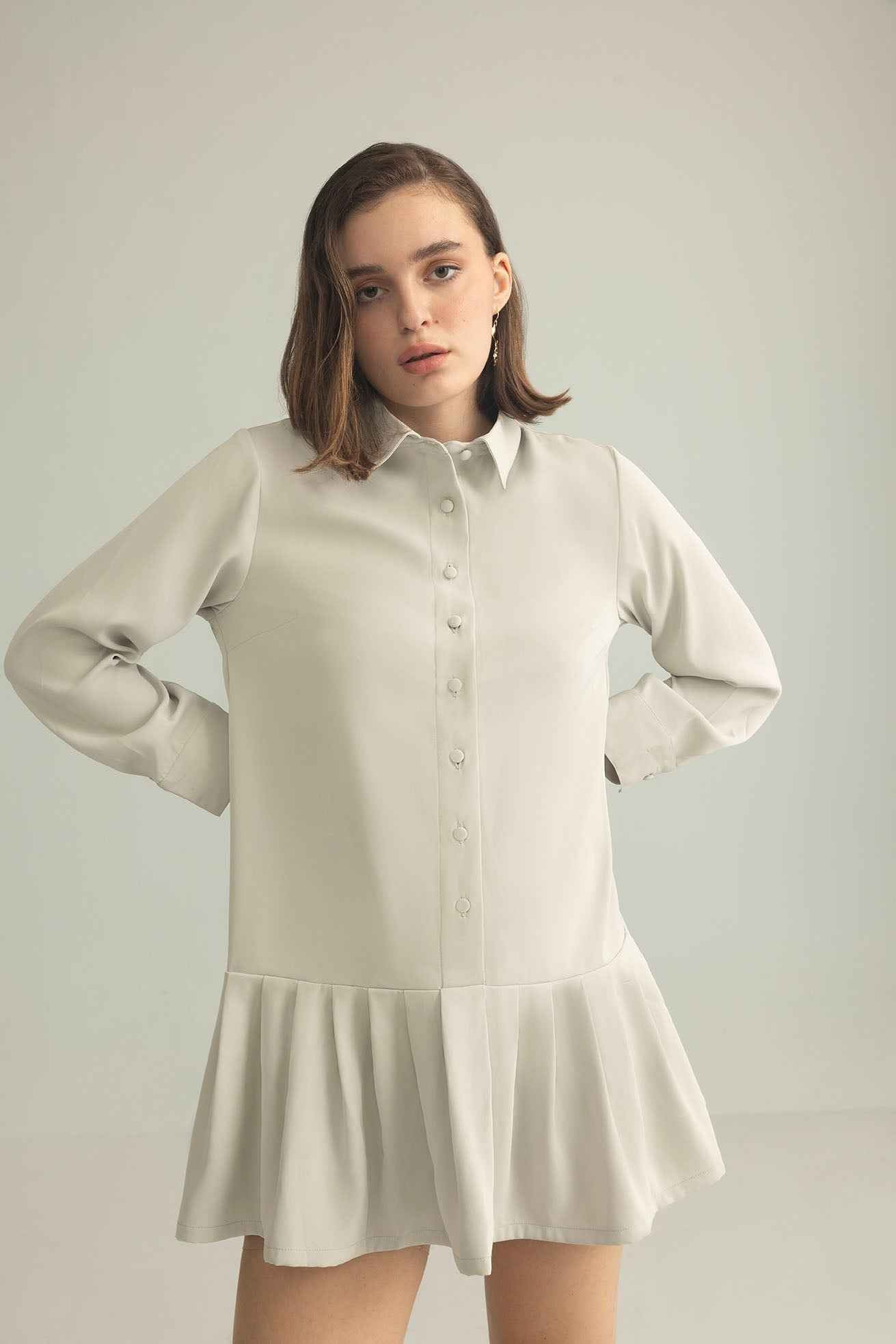 Blush Hour Pleated Mini Dress in Lunar Rock