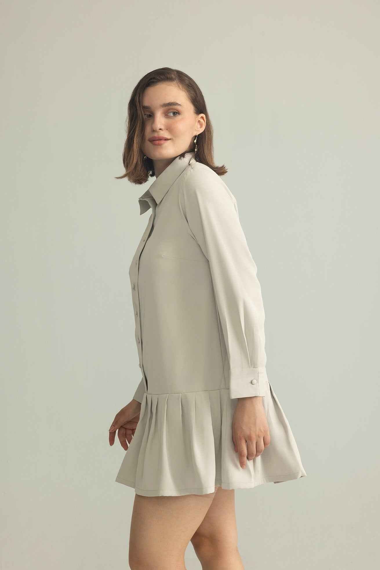 Blush Hour Pleated Mini Dress in Lunar Rock