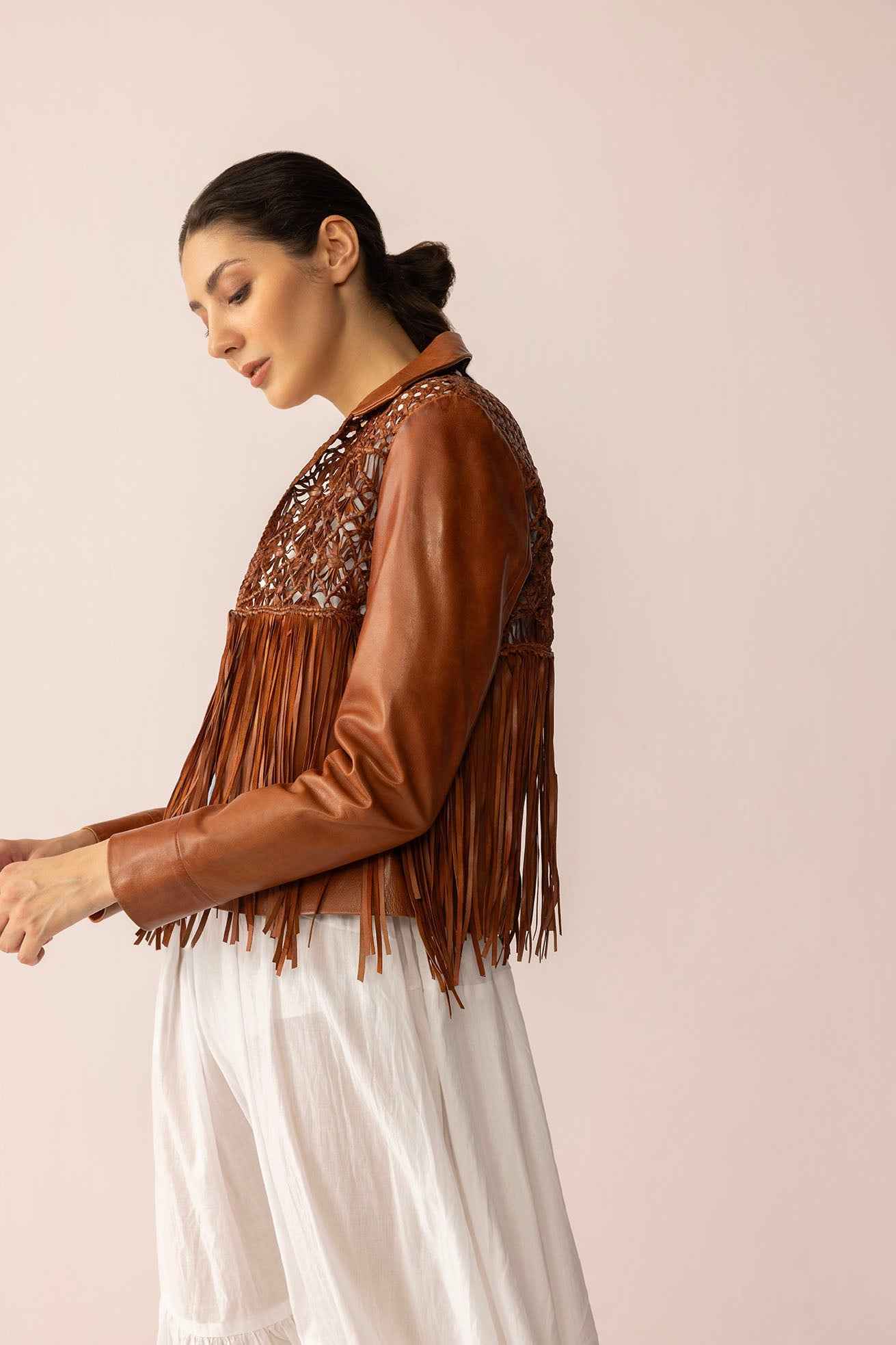 Boheme Braids Leather Jacket in Maple Brown