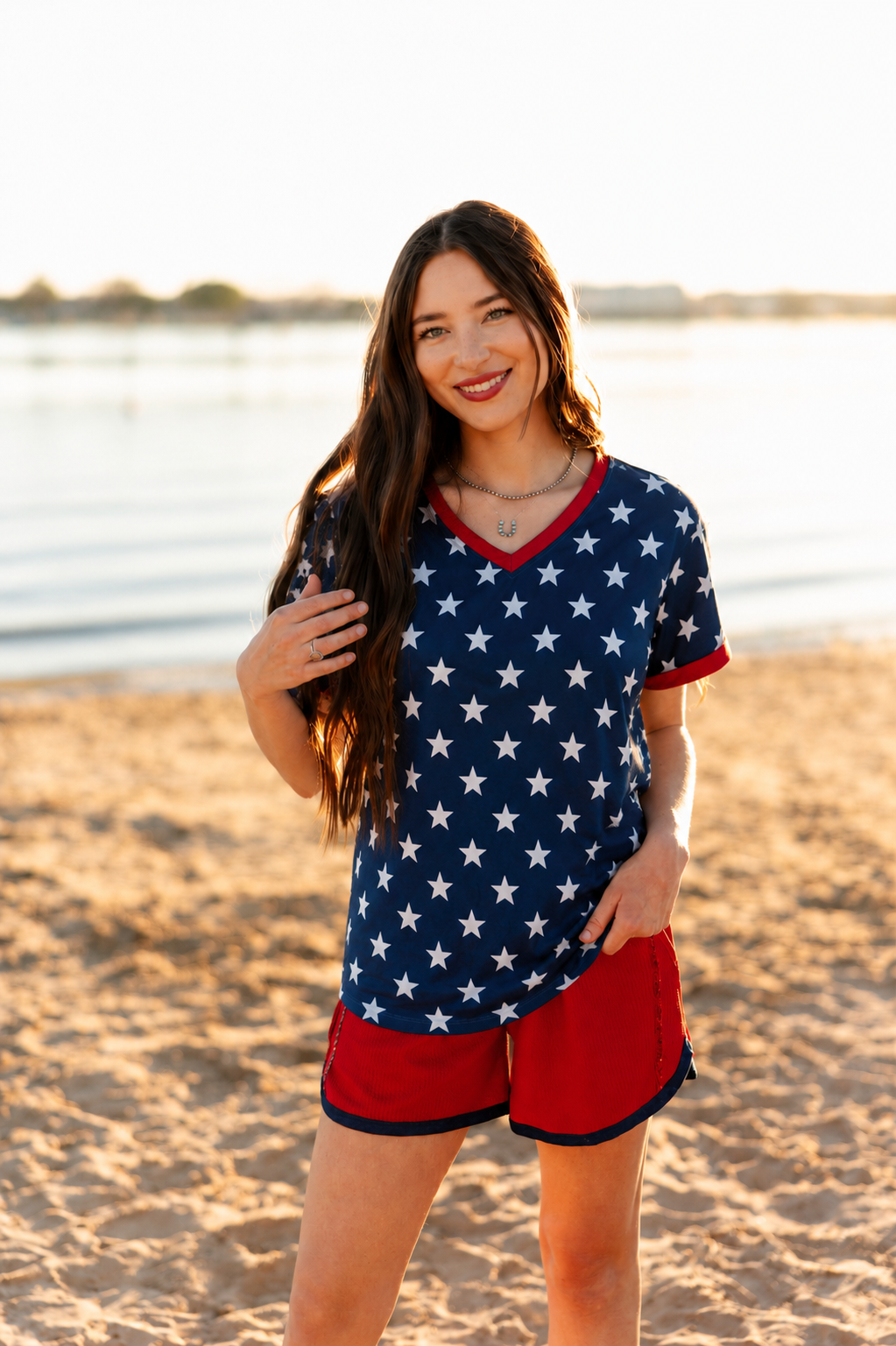 Blue and White Stars V-Neck Top by Grace+Emma