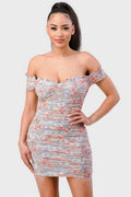 Floral Print Mesh Sweetheart Ruffled Off Shoulder Ruched Mini Dress by Selvanelle