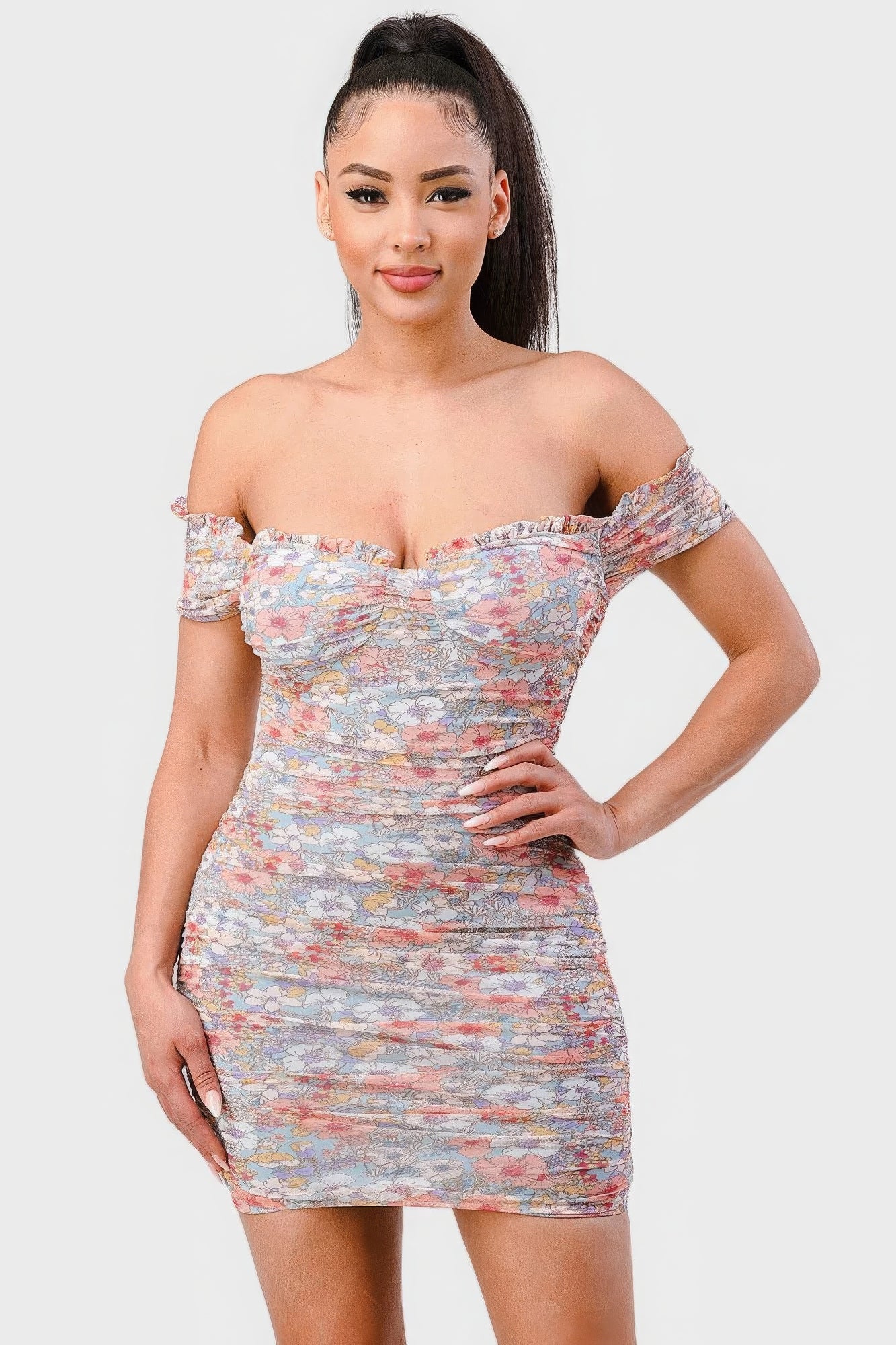 Floral Print Mesh Sweetheart Ruffled Off Shoulder Ruched Mini Dress by Selvanelle