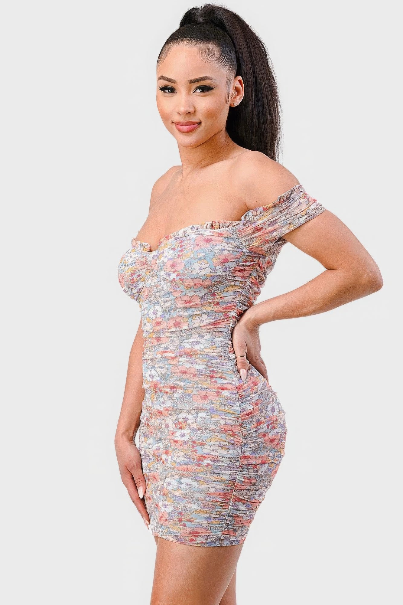 Floral Print Mesh Sweetheart Ruffled Off Shoulder Ruched Mini Dress by Selvanelle