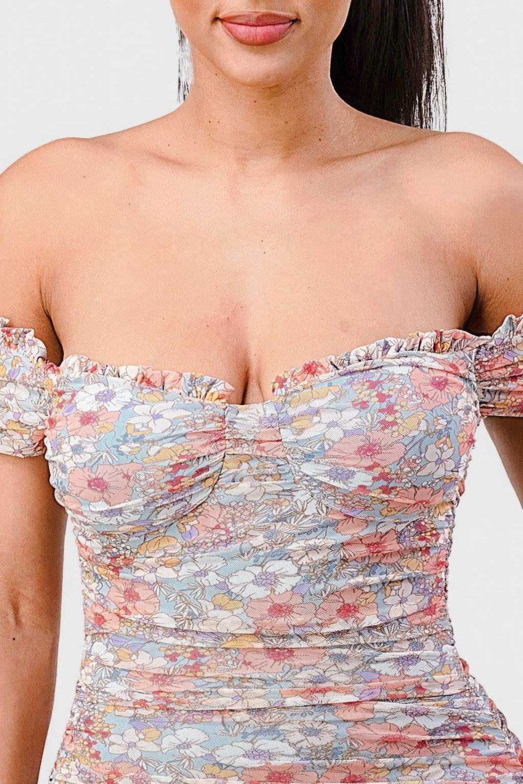 Floral Print Mesh Sweetheart Ruffled Off Shoulder Ruched Mini Dress by Selvanelle